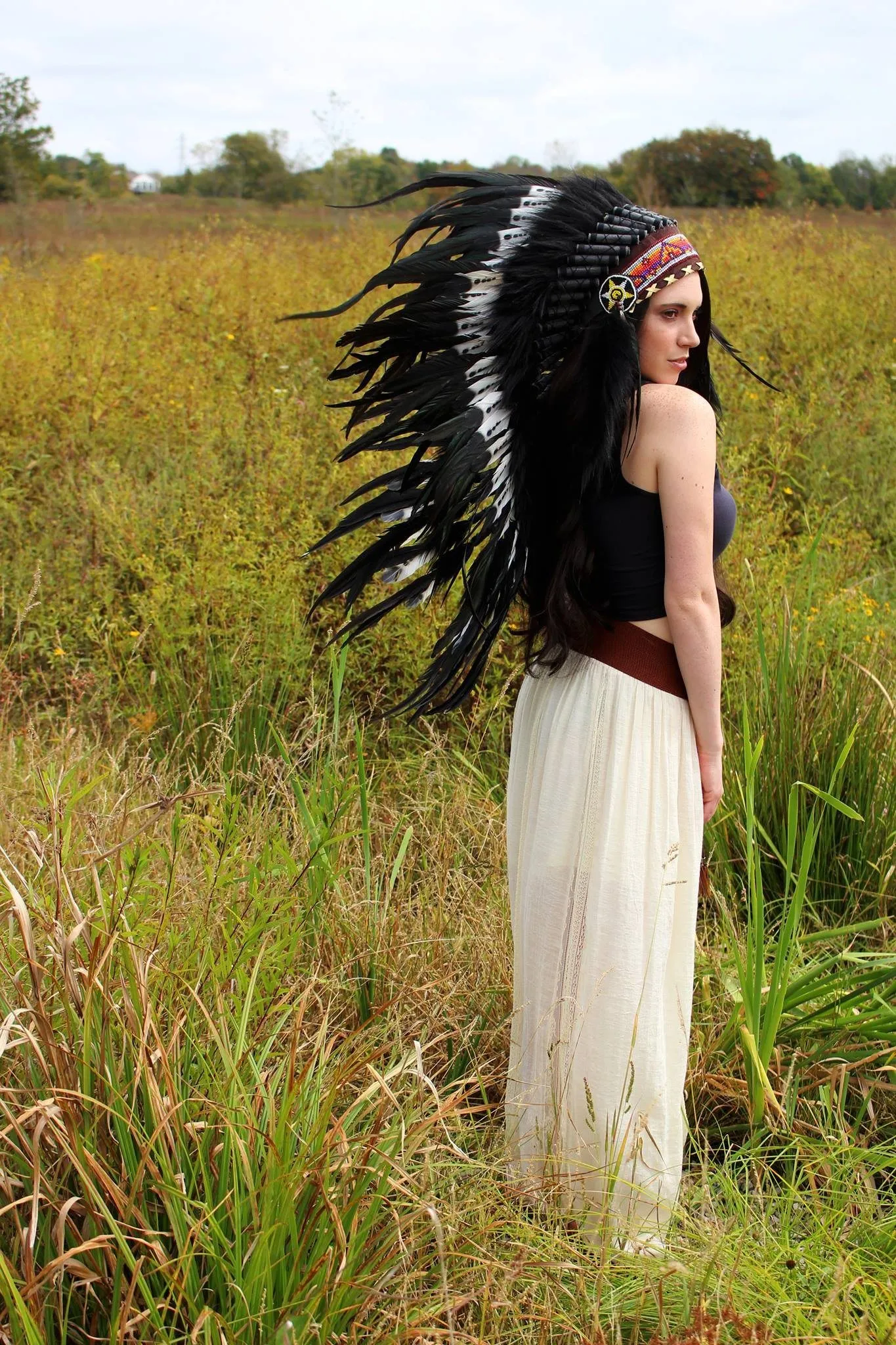 White-Black American Indian Headdress - 95cm