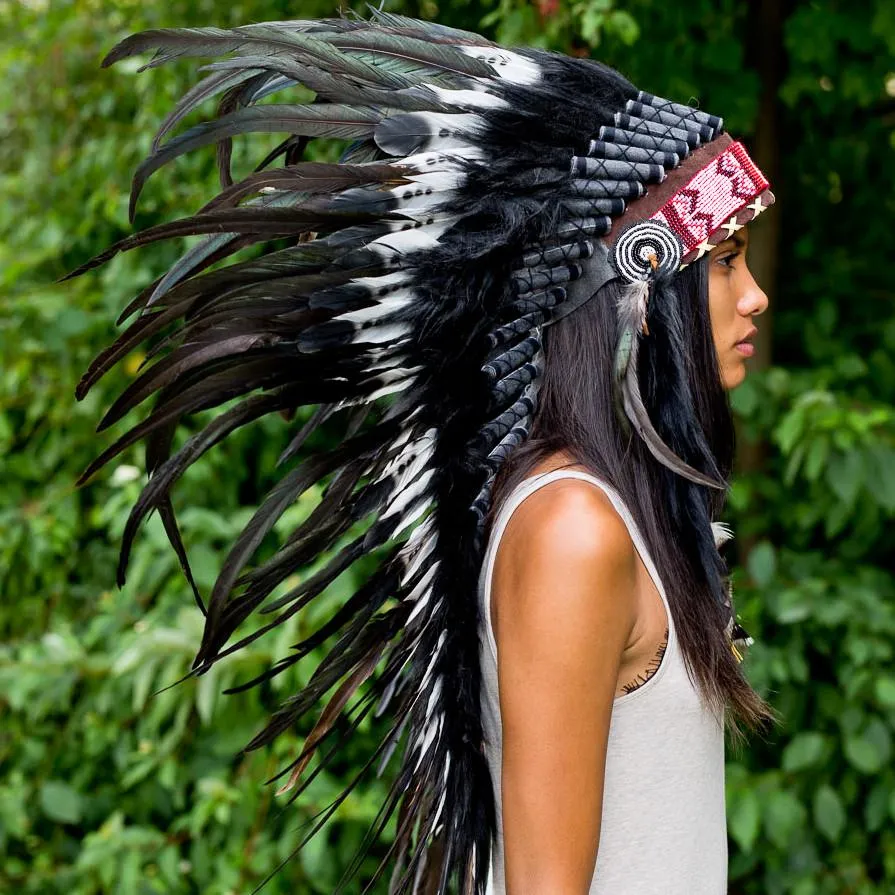 White-Black American Indian Headdress - 95cm