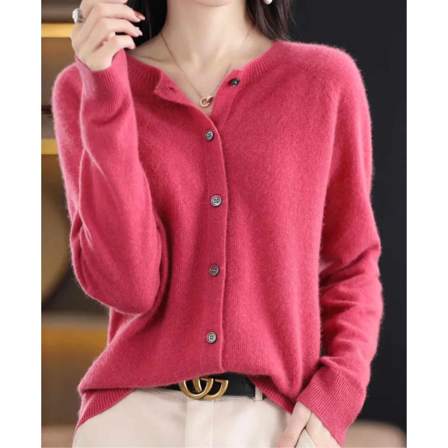 Women - Cardigan Jumper - Pure Merino Wool & Cashmere - Cozy O-Neck Sweater