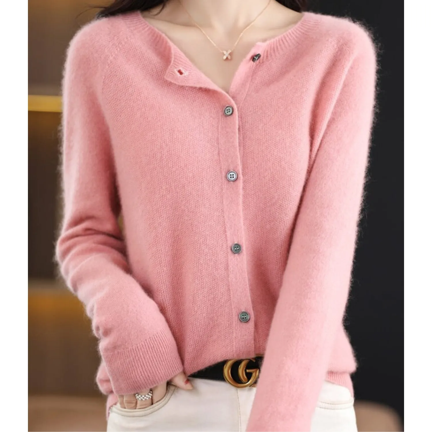 Women - Cardigan Jumper - Pure Merino Wool & Cashmere - Cozy O-Neck Sweater