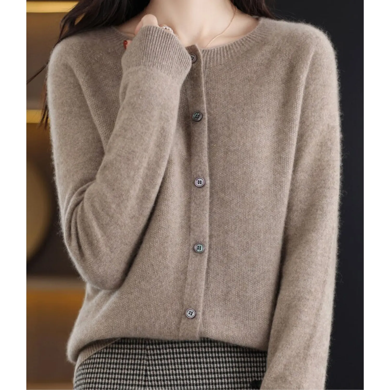 Women - Cardigan Jumper - Pure Merino Wool & Cashmere - Cozy O-Neck Sweater