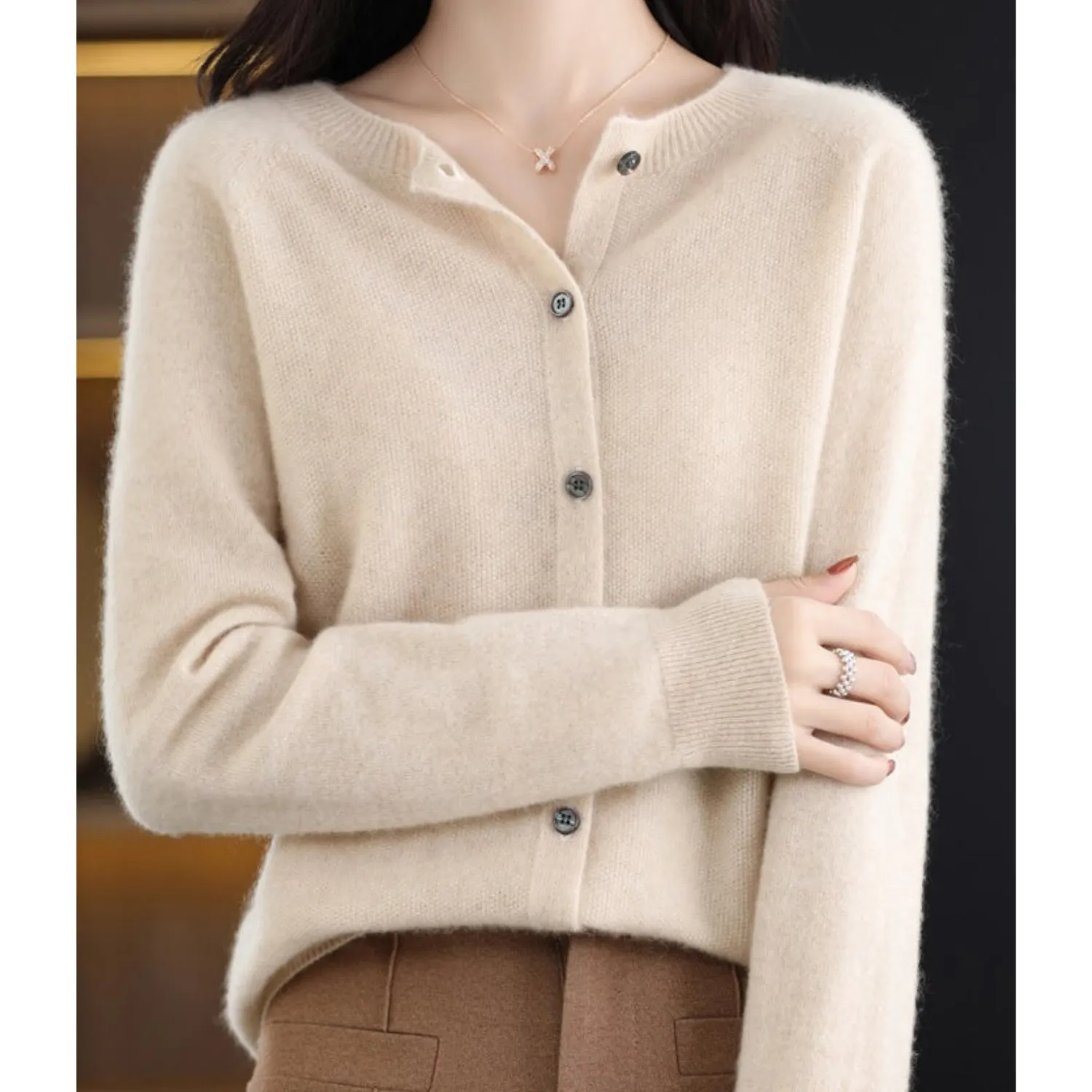 Women - Cardigan Jumper - Pure Merino Wool & Cashmere - Cozy O-Neck Sweater