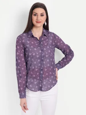 Women Purple Relaxed Semi Sheer Floral Printed Casual Shirt