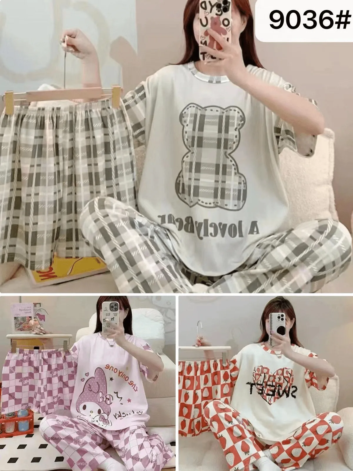 Women's Korean Fashion Autumn Pajamas 3 Pcs Set - 9036#