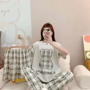 Women's Korean Fashion Autumn Pajamas 3 Pcs Set - 9036#